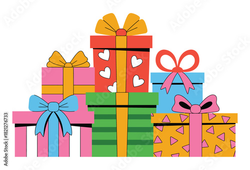 A colorful assortment of gift boxes are stacked high for a celebration.