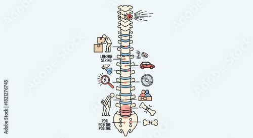 Human spine with various icons representing causes back pain and injury, including lifting heavy objects, car accident, aging, and medical examination, isolated on