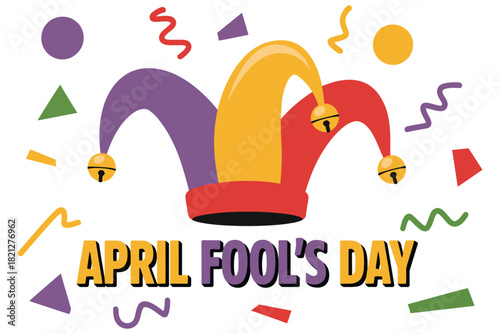 April Fool's Day celebration with jester hat and confetti