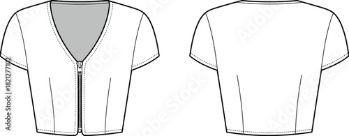 Short-sleeve V-neck cropped top fashion flat sketch featuring front zipper closure, shaping darts, clean technical vector illustration with detailed front and back views