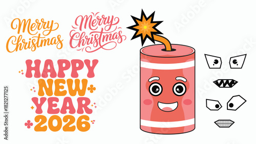 Happy new year 2026 with a cartoon firecracker and christmas greetings