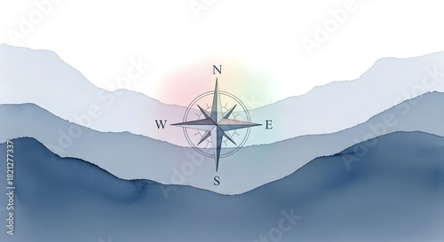 abstract compass rose over stylized misty mountain landscape for travel blogs, navigation app interface, website design and background illustration with copy space