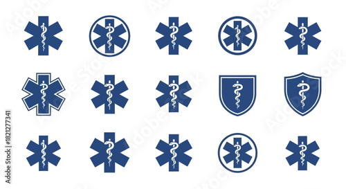 Collection medical emergency symbols, including the star life and caduceus emblem, presented in various styles and formats on