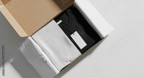 Black T-Shirt in Open Delivery Box with Blank White Tag