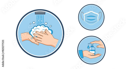 Collection icons representing hygiene and safety measures, including hand washing, face mask, and hand sanitizer, isolated on