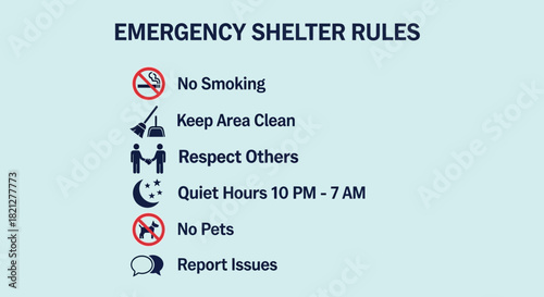 Emergency shelter rules listed with icons including no smoking, keep area clean, respect others, quiet hours, no pets, and report issues