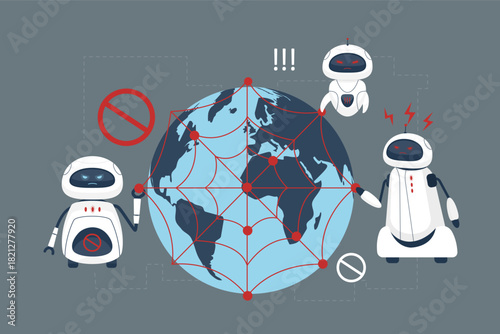 Group of angry AI robots have escaped human control and capture planet. Bots and cyborgs have ensnared planet in vast web. Artificial intelligence replacing humans
