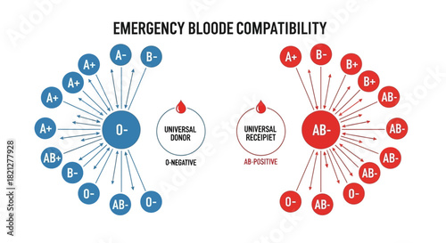 Diagram illustrating emergency blood compatibility, showing universal donor onegative and universal recipient abpositive with detailed blood type charts