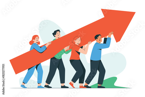 Teamwork propels a large red arrow upwards, symbolizing growth and progress.