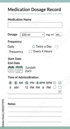 Medication dosage record form with fields for medication name, dosage, frequency, start and end dates, time administration, and notes