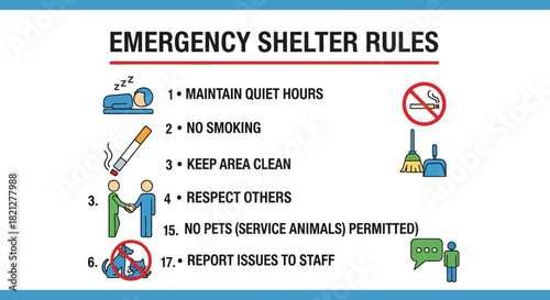 Emergency shelter rules poster listing guidelines such as maintain quiet hours, no smoking, keep area clean, respect others, no pets, and report issues to staff
