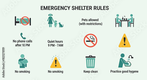 Emergency Shelter Rules: A straightforward guide detailing essential regulations and guidelines for a safe and orderly environment during an emergency.