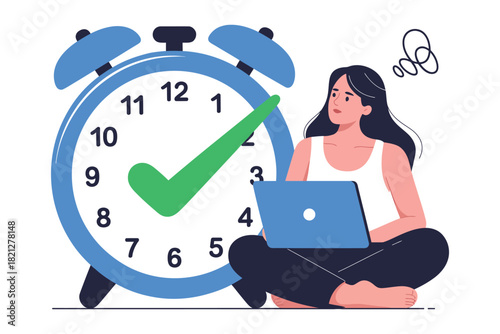 A person works on a laptop next to a large alarm clock with a checkmark, symbolizing deadlines and time management.