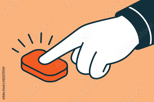A hand presses a bright orange button, signaling a choice or action.