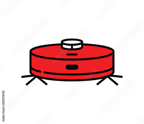 A red robot vacuum cleaner with brushes is cleaning the floor.