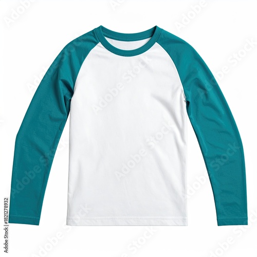 Blank teal and white baseball-style long-sleeve t-shirt