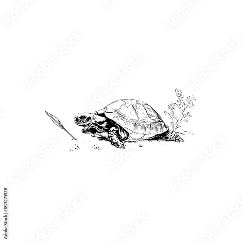 A drawing of a turtle with a spear and some plants in black and white on a white background image