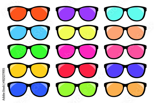 A diverse set of colorful sunglasses featuring different stylish with colorful vibrant lenses suitable for fashion vector illustration