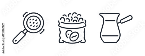 Coffee filter, beans sack and turk editable stroke outline icon isolated on white background flat vector illustration. Pixel perfect. 64 x 64.