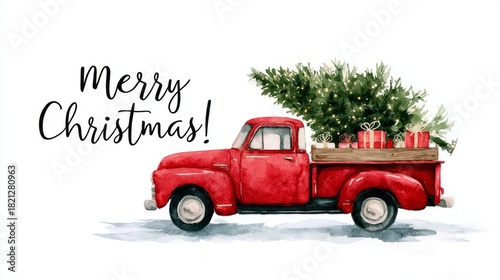 Wallpaper Mural Merry christmas! A red truck is decorated with a Christmas tree and presents. The truck is the main focus of the image, and the decorations give it a festive and joyful mood Torontodigital.ca