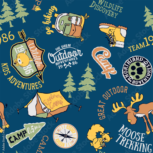 The great outdoor camping kids adventure cute cartoon vector seamless pattern for children wear pajamas shirt sweatshirt jacket