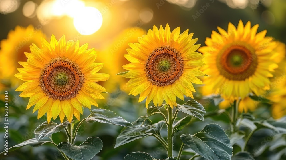 Obraz premium Close-up of sunflowers basking in golden sunlight, creating a vibrant field of blossoms