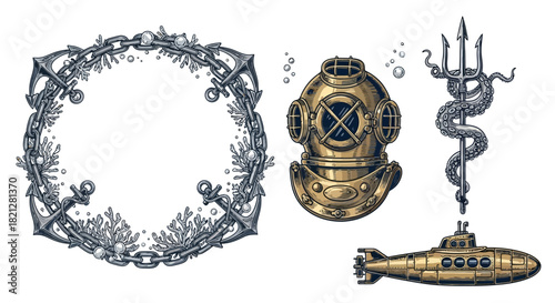 Vintage nautical vector elements with diving helmet, chain wreath, octopus, and submarine for maritime design