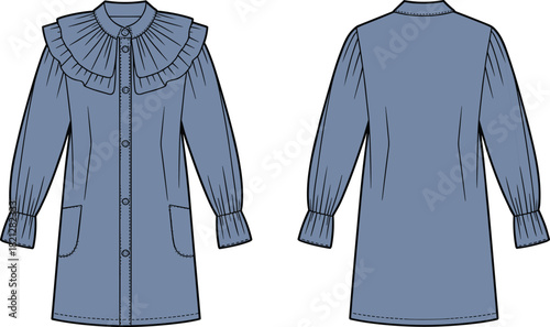 Long sleeve dress illustration, fashion technical sketch, ruffled collar design, button down front, puff sleeve detail, garment flat drawing, apparel template