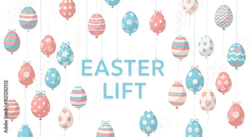 Whimsical easter eggs designed as balloons float and hang with a lighthearted festive feel