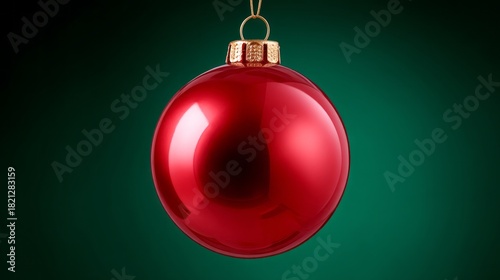 A red ornament hanging from a green background. The ornament is shiny and reflective. It is a Christmas ornament