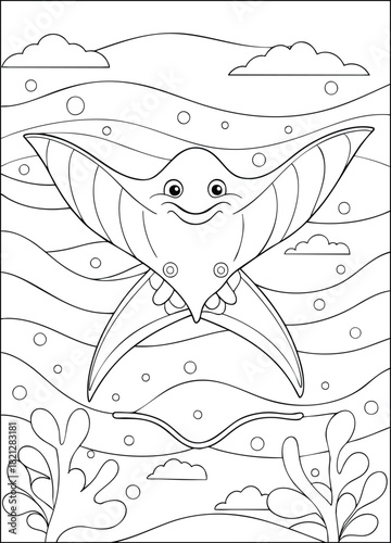 Happy cartoon manta ray swimming in a fun underwater ocean scene, ideal for children's coloring page
