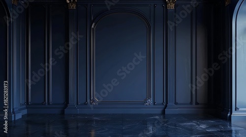 Elegant dark blue paneled wall with a reflective floor
