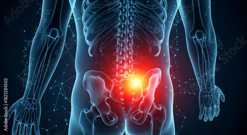 Human body with visible skeleton and pain area at the lower back and hip area in blue tone color scheme