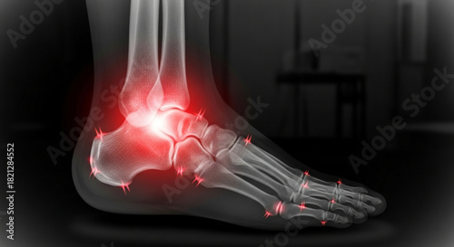 Foot x ray showing inflammation and pain in the joints with red highlights on a dark background scene image