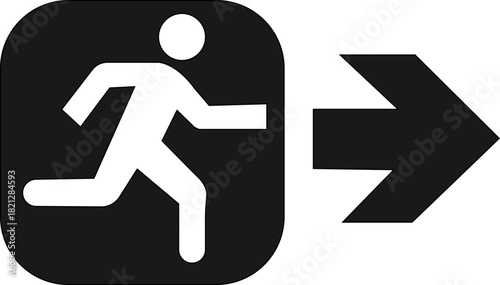 Emergency exit icons.Full set of 22 isolated Emergency exit symbols on green rectangle board. Official ISO 7010 safety signs standard. running man symbol indicating exit direction.