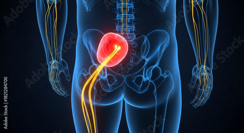 Illustration of the human body showing the urinary system and nerve pathways in the lower abdomen region