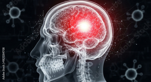 Transparent human head with illuminated brain and virus cells on a dark background view from side