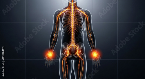 Human body anatomy showing the nervous system with highlighted areas in the hands and lower abdomen