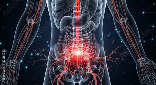 Anatomical illustration showing the human body with internal organs and nervous system detailed view