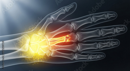 X ray image showing a human hand with a broken bone in the wrist and bright yellow and red pain area