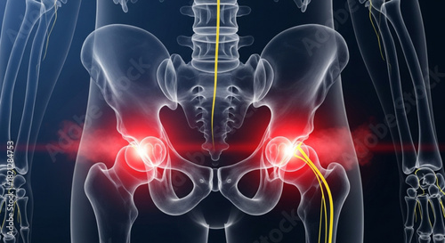 Anatomical illustration of the human pelvis with nerve pathways and areas of highlighted pain shown