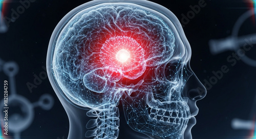 Human head with visible brain and skull with a bright red spot in the center of the brain