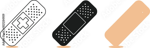 Set of adhesive bandage illustrations medical plaster in different styles vector design element for healthcare and first aid