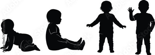 Early childhood development silhouette set, crawling to standing, black on white, motor skill progression, toddler gesture, growth icon