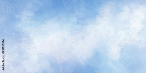 Bright blue sky with fluffy white clouds, a beautiful sunny day in nature's atmosphere. Clear summer day sky with fluffy white clouds, a bright, beautiful nature background.  watercolor background art