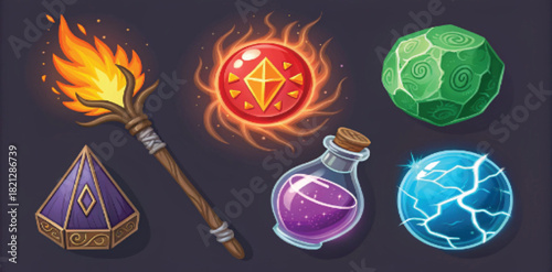 "Elder mage icons pack. Fire spell, lightning orb, healing potion, mana bottle, wizard staff, enchanted gem, rune stones, teleport symbol. Vibrant colorful vector, fantasy UI icons set."