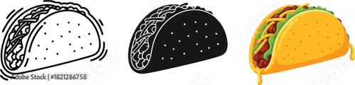 Taco vector illustration set in outline silhouette and color perfect for fast food menus and Mexican cuisine designs
