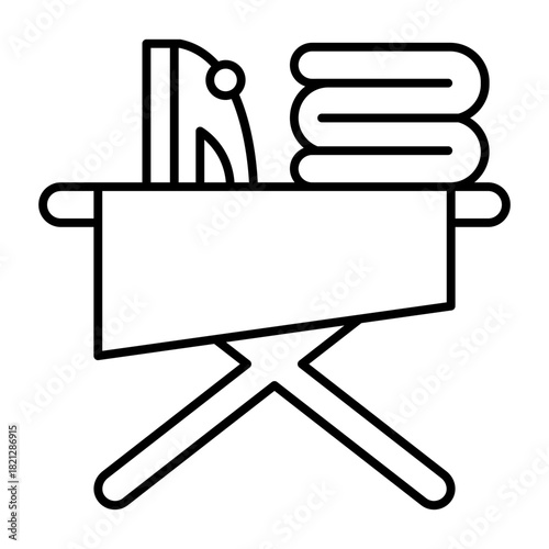 Ironing board with iron thin line icon, body hygiene concept. Vector graphics. Clean linen and towels, laundry sign on white background, style icon mobile or web design.