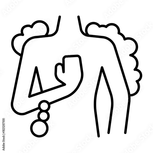 Torso and hand in soap foam thin line icon, body hygiene concept. Vector graphics. Body torso in soapy bubbles, shower sign on white background, style icon mobile or web design.