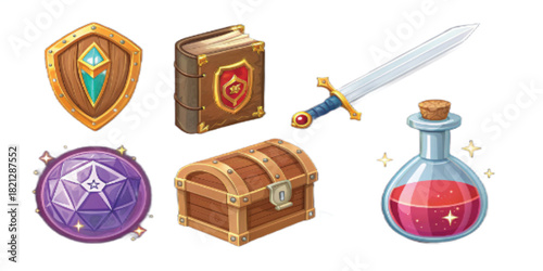 Colorful cartoon game icons set. Treasure chest, gold coins, hearts, shields, swords, stars, gems, potions, magic scrolls, power-up items. Bright glossy style, cute mobile game UI icons, vector illust